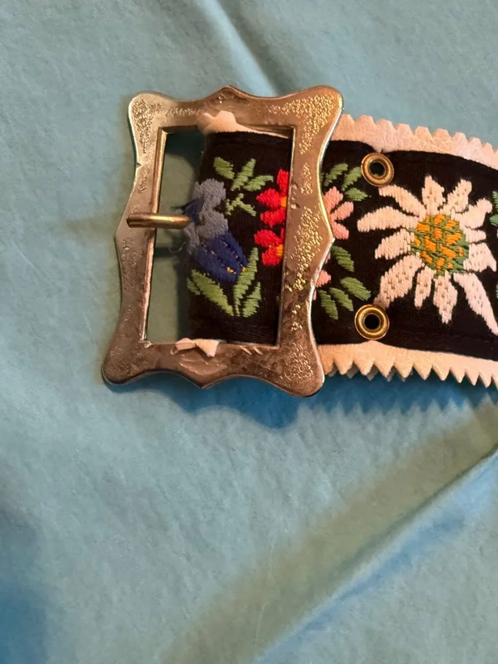 Wide Black Womens' Belt with Embroidered Stylized Flowers and Silver Buckle